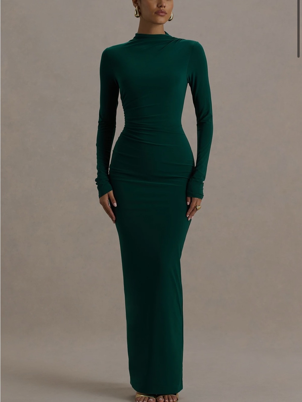 Club L London EDEN
Bottle Green High-Neck Maxi Dress With Ruched Detailing